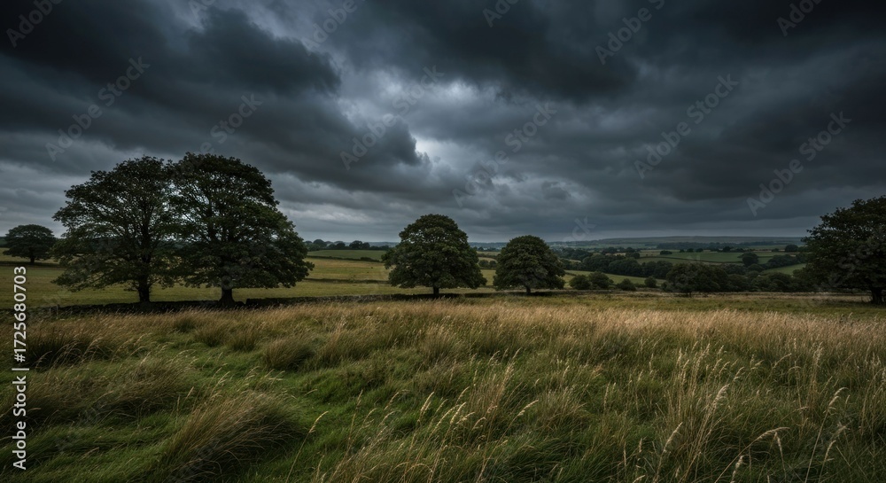 Fototapeta premium A field under a stormy sky