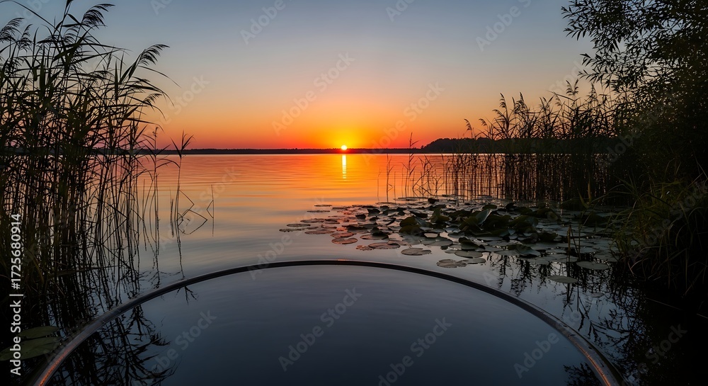 Obraz premium Experience a tranquil sunrise kayaking adventure on a serene lake with vibrant colors and peaceful scenery