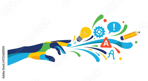 Creative idea generation and innovation concept with colorful design elements and human hand