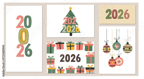 Vibrant 2026 New Year celebration designs featuring festive Christmas ornaments, gift boxes, and stylized numbers for joyous holiday greetings