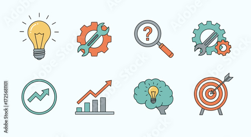 Conceptual business icons representing problem solving, growth, and innovation strategies