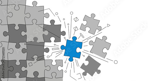 Blue puzzle piece emerging from gray puzzle symbolizing innovation and problem solving