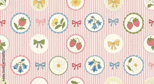 Charming pastel floral pattern with strawberries, daisies, and bluebells on a pink striped background for a sweet, vintage aesthetic