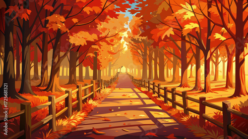 Vibrant autumn pathway lined with trees and fencing