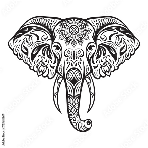 Black and white elephant head tattoo design illustration