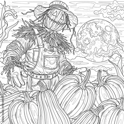 Scarecrow in a field with pumpkins and corn. Halloween.Coloring book antistress for children and adults. 