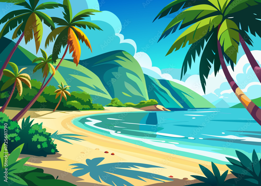 Fototapeta premium Vibrant tropical beach paradise with palm trees and mountains