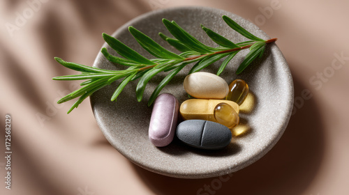Calm bowl of herbal supplements and vitamin pills for alternative prostate cancer therapy. Natural medicine and holistic wellness concept for proactive health treatment