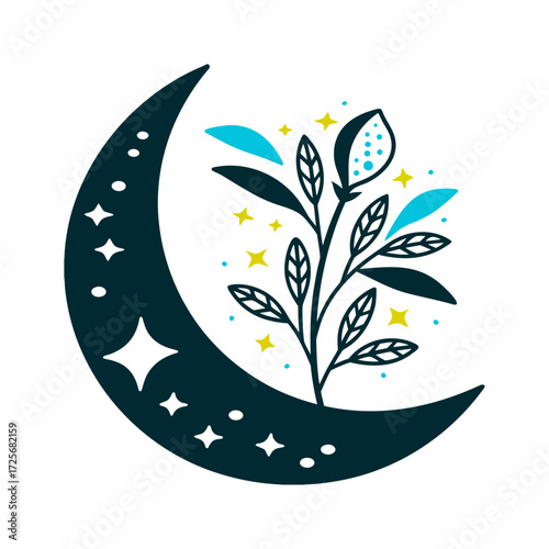 Crescent Moon with Herb Sprout and Stardust Crescent moon cradling a stylised herb sprout with dotted stardust trailing below Moon Garden