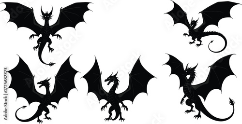 Collection of fantasy dragon silhouettes, mythical winged creature illustration, black dragon vector artwork, legendary beast design, magical reptile monster graphic set