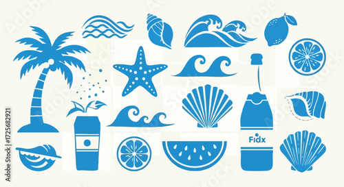 Vibrant summer beach icons with palm trees, waves, seashells, citrus, and celebratory drinks create a festive tropical atmosphere for holiday design projects.
