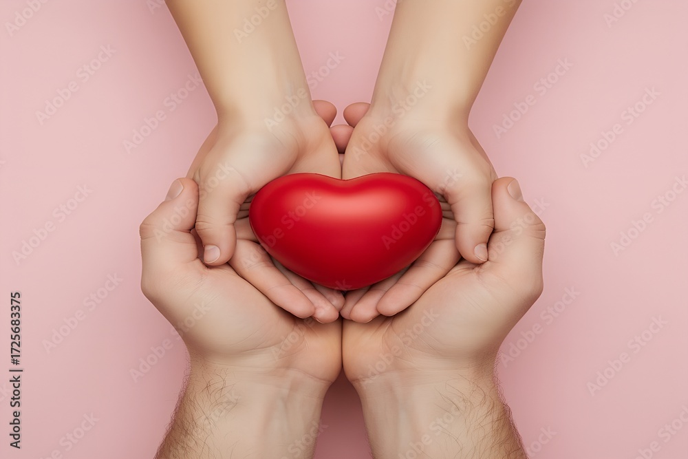 Obraz premium Red heart, hands holding heart, love, care, support, pink background