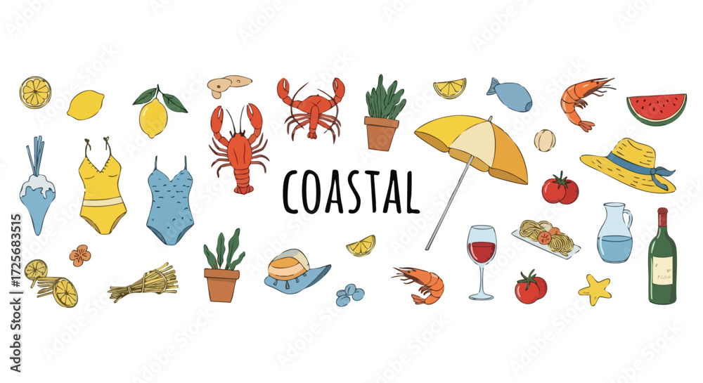 Naklejka premium Vibrant coastal collection bursting with summer fun, seafood, refreshing drinks, and beach essentials for your next project.