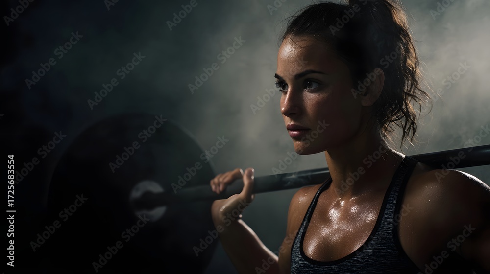 Obraz premium A determined woman lifting a barbell in a smoky gym