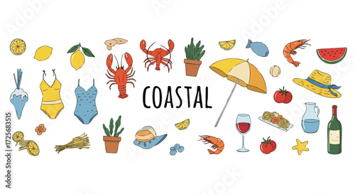 Vibrant coastal collection bursting with summer fun, seafood, refreshing drinks, and beach essentials for your next project.