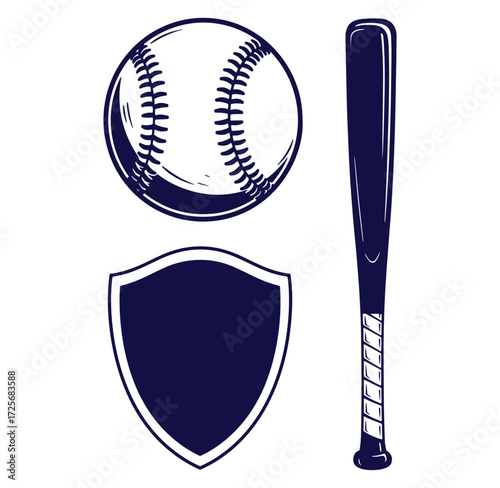 Baseball elements illustration featuring a baseball bat ball and badge logo design on a white backdrop