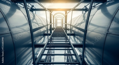 Industrial Ascent: Metal Stairway Between Silver Tanks Leading to Sunlight