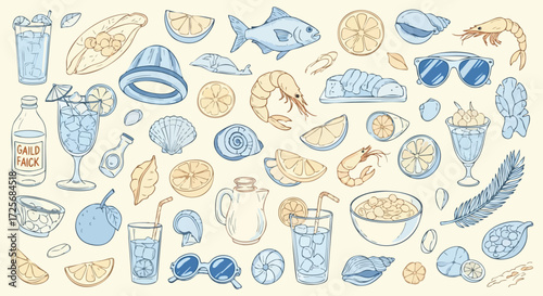 Vibrant summer beach picnic collection featuring fresh seafood cocktails citrus fruits and beach essentials for a delightful coastal escape