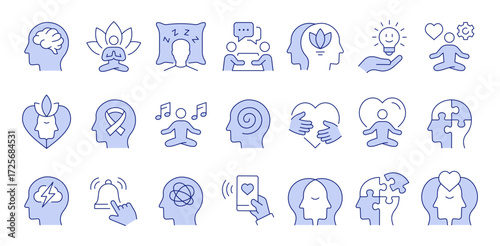 Set of simple icons related to self-care, meditation, therapy, and relief. Editable Stroke.