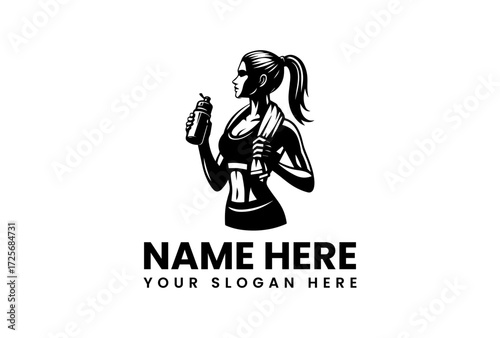 Fitness Woman Silhouette with Water Bottle and Towel.