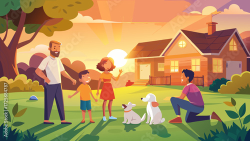 Happy family enjoying a sunset evening in their backyard