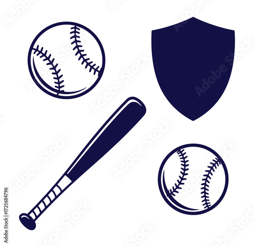 Baseball sport elements illustration featuring bat baseballs shield emblem in a dark blue color