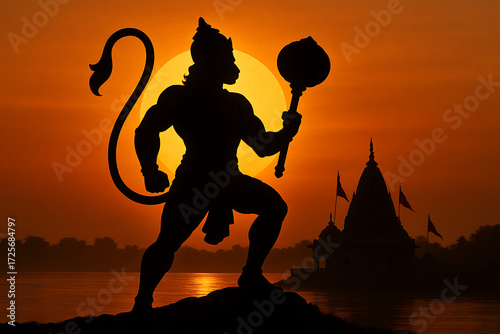 Majestic silhouette of lord hanuman with mace standing on cliff near river at sunset in front of hindu temple religious festival spiritual vector graphic hanuman jayanti