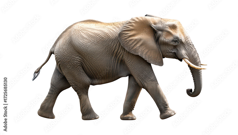 Obraz premium A majestic elephant walking gracefully across a white background. its textured skin and large ears. symbolizing wildlife conservation and natures beauty