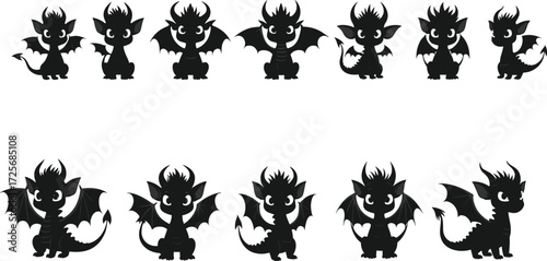 Adorable baby dragon silhouette collection, cute fantasy creature artwork, cartoon mythical reptile design, magical flying monster illustration, legendary fire breathing character art