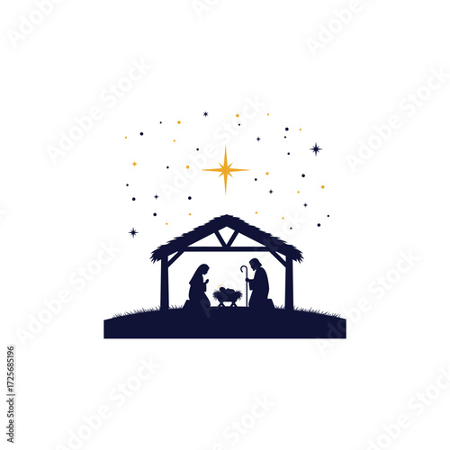 Nativity Scene Silhouette with Star christmas jesus mary joseph baby manger stable holy family illustration night religious