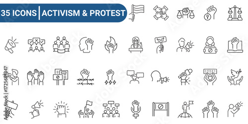 Set of 35 outline icons related to activism, protest. Linear icon collection. Editable stroke. Vector illustration. pictogram collection.