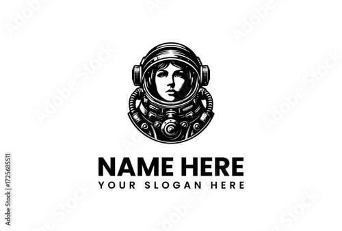 Intrepid Female Astronaut in Detailed Space Helmet Logo.
