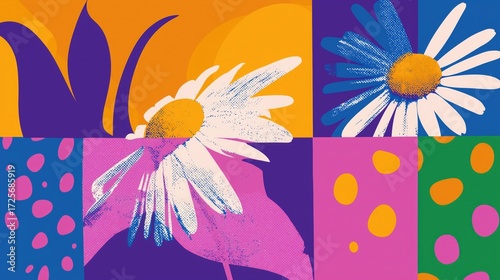 Pop Art Style Daisy Flowers Illustration With Colorful Geometric Blocks And Polka Dot Patterns In Vibrant Orange, Purple, Blue, Pink Hues, Ideal For Wallpaper, Poster, Art Decor Design Projects