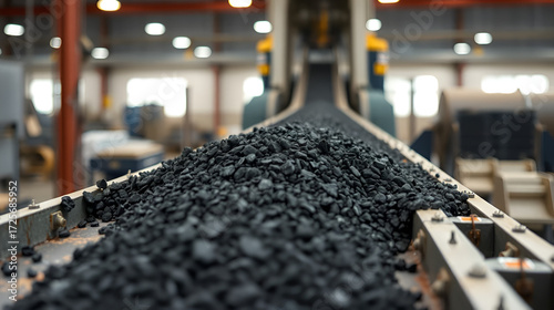 Vertical shot of coal ore on a conveyor belt for processing