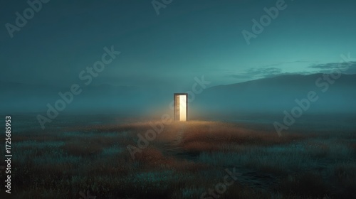 A door standing alone in the middle of a field, glowing and slightly ajar