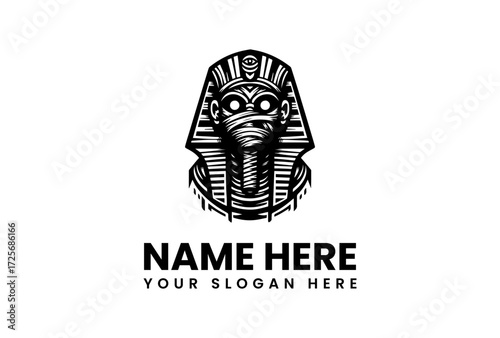 Intricate Black and White Pharaoh Mask with Third Eye Symbol and Wrappings.