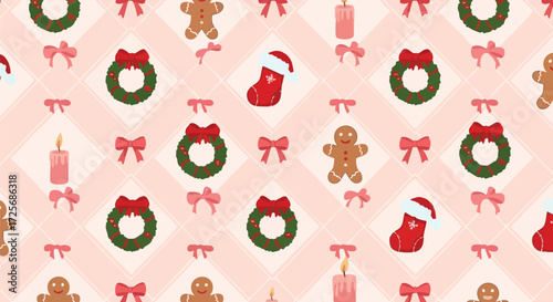 Sweet Christmas seamless pattern featuring gingerbread cookies, festive wreaths, candles, and bows on a soft pink background for holiday decor and gift wrap.