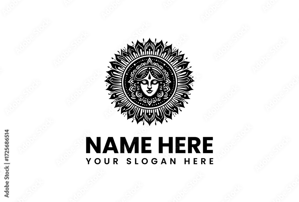 Fototapeta premium Intricate Black Mandala Design Featuring a Feminine Face and Floral Elements.