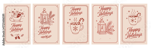 Set of festive greeting cards with Happy Holidays text featuring vintage line art illustrations of cocoa mugs, candles, sleigh, gifts, holly, and pine branches. Hand Drawn Happy Holidays Illustrations