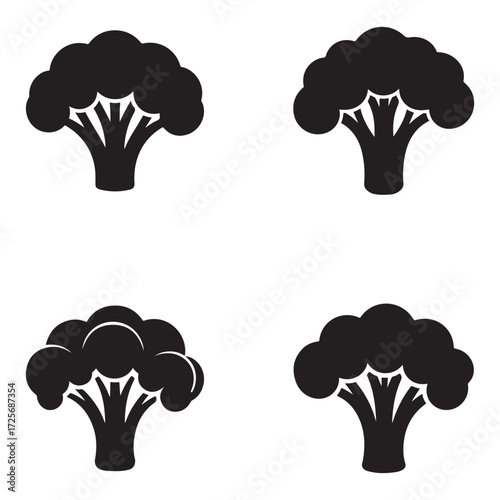 Collection of broccoli florets and stalks silhouette isolated on white background