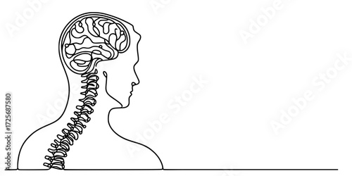 Neural Flow: Brain and Spine in Harmony, A minimalist continuous line drawing of the human brain and spinal cord, viewed from the side