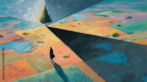  Surreal Landscape Painting With A Lone Figure, Tree Casting Long Shadow Over Colorful Patchwork Terrain, Oil Paint Texture Ideal For Wallpaper, Art Print And Creative Projects
