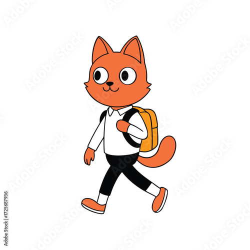 Cute cat with a school bag walking to school