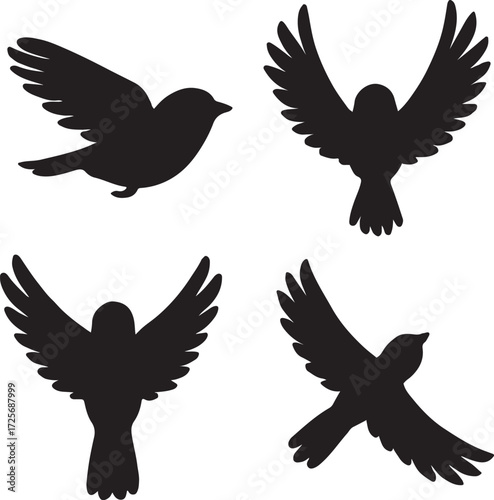 sparrow bird silhouette icons set side, front, back, and top views vector art illustration