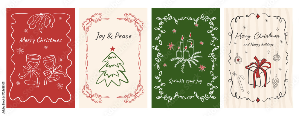 Naklejka premium Hand drawn Christmas doodles. Vector cards with bows and candles. Minimalist winter line art. Trendy Coquette posters. Whimsical tree with satin bows. Great for invites, stationery, social media.