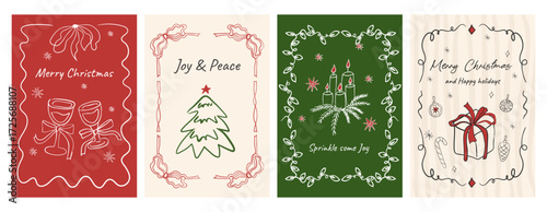 Hand drawn Christmas doodles. Vector cards with bows and candles. Minimalist winter line art. Trendy Coquette posters. Whimsical tree with satin bows. Great for invites, stationery, social media.