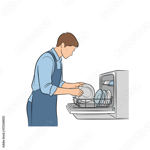 Man wearing an apron loading dirty dishes into a dishwasher