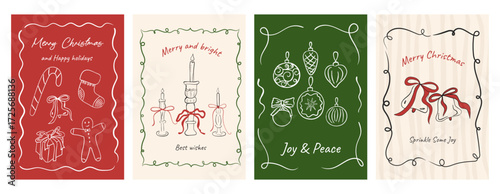 Hand drawn la dolce vita Christmas doodles. Vector cards with bows and candles. Minimalist winter line art. Trendy Coquette posters set. Whimsical tree with satin bows. Perfect for invites, stationery