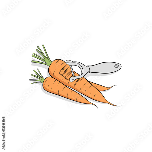Vegetable peeler and a pile of fresh carrots with green tops