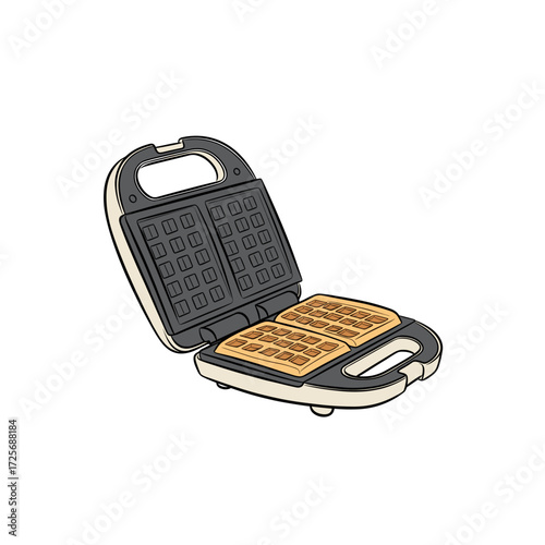 Open waffle iron with cooked golden waffles inside